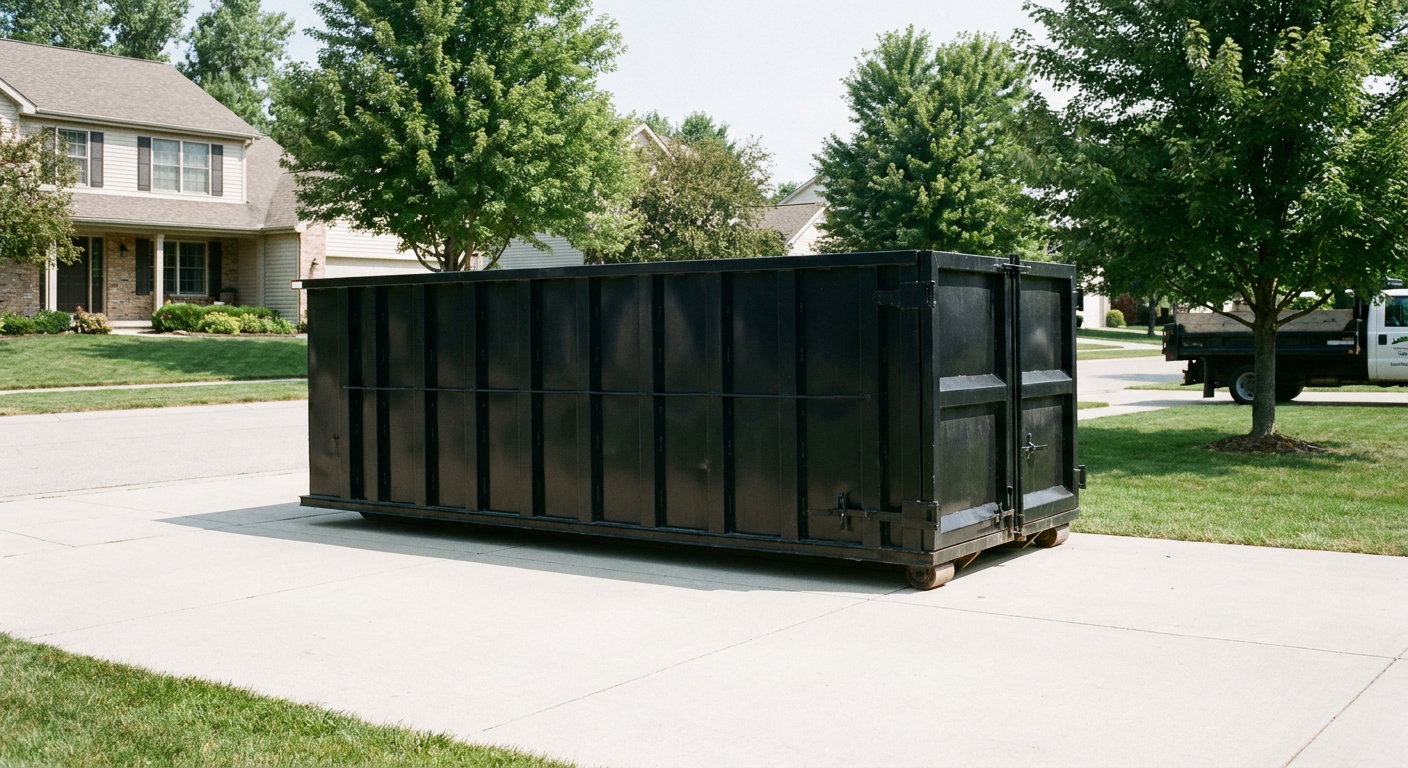 Matte-black 20-yard roll-off dumpster sitting level on a clean Saint George residential concrete driveway under bright daylight, demonstrating clean placement directly on the concrete.