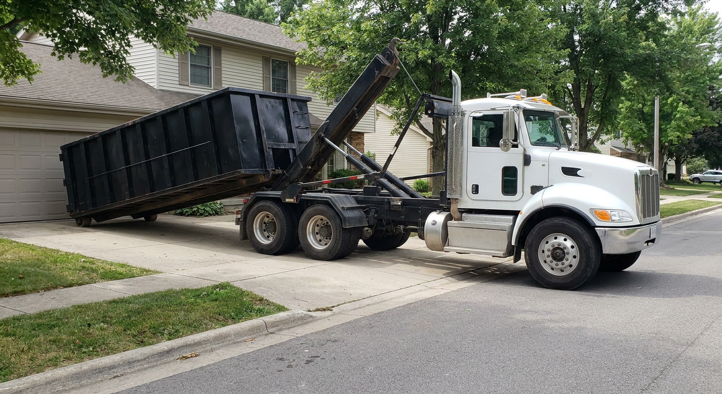 White-cab hooklift roll-off truck actively lowering a matte-black dumpster onto a Saint George residential concrete driveway, the dumpster's rear wheels touching the driveway as the hoist arm tilts the bed forward, mid-morning daylight.