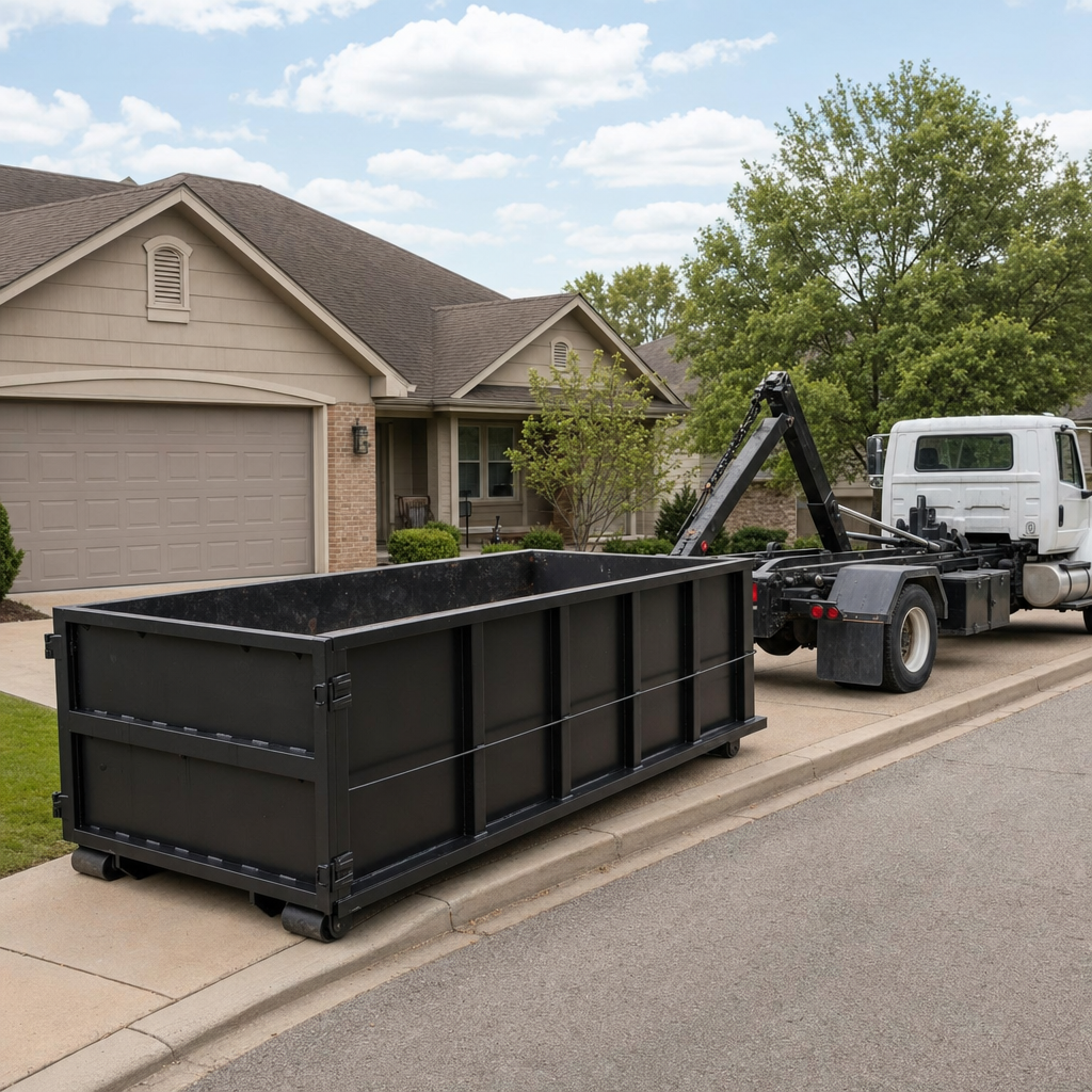 Wide documentary shot of a matte-black roll-off dumpster on a Saint George residential driveway in the foreground and a contractor jobsite container in the soft-focus background, bright daylight, calm and orderly composition.